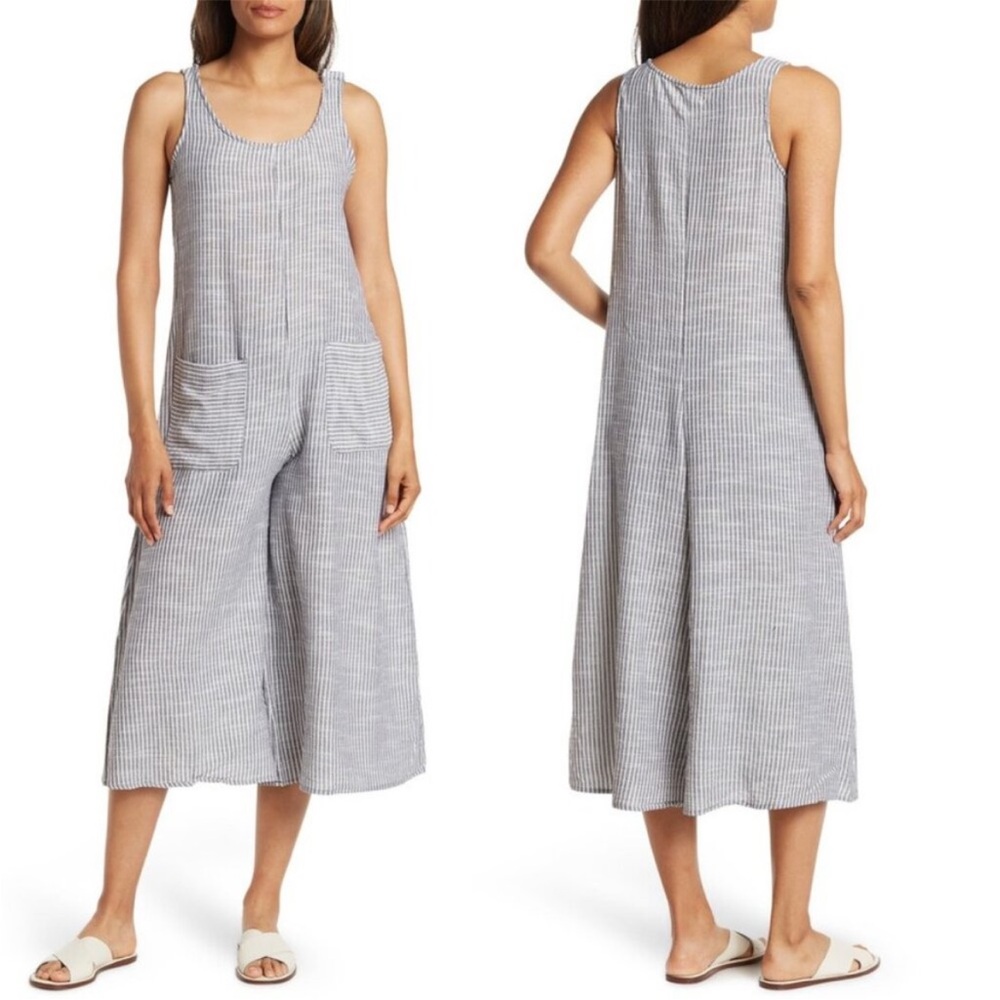 Max Studio Striped Scoop Neck Sleeveless Wide Leg Jumpsuit Linen Blend